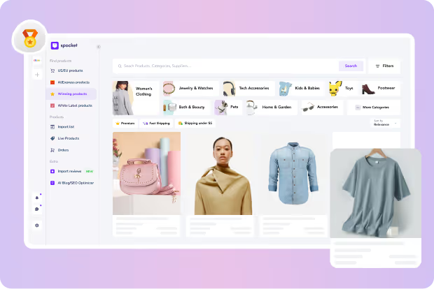 Spocket dashboard showing the dropshipping product catalog with category filters and product listings